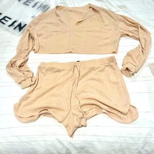 SHEIN drop shoulder rib knit tee and drawstring shorts - pj/lounge set - tan